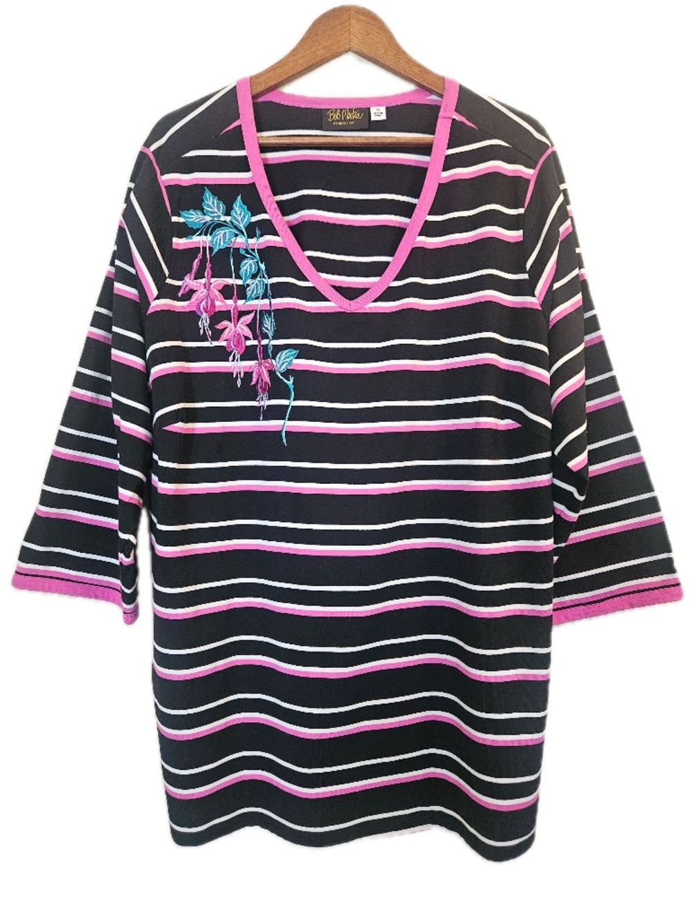 Bob Mackie T-Shirt Tunic Womens 3X Black Striped‎ Embroidered V-Neck 3/4 Sleeve